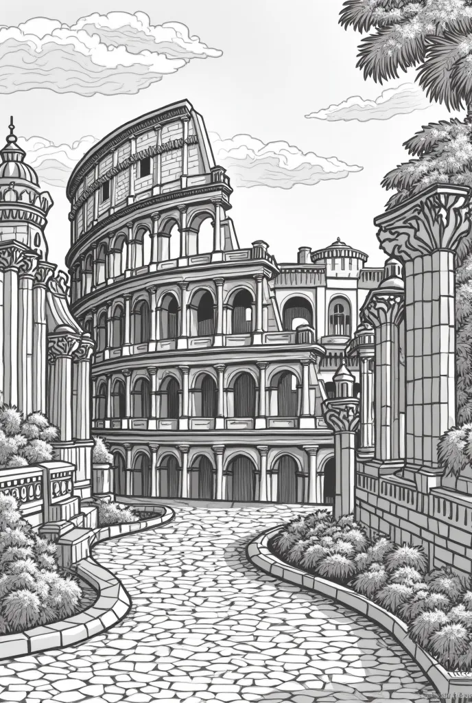 coloring page of rome and the colosseum and old buildings