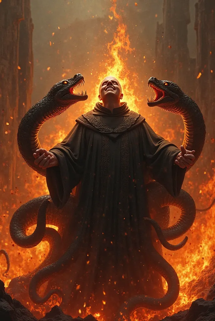 Create an image of a Catholic priest burning in hell with giant snakes tormenting him and engulfed in flames