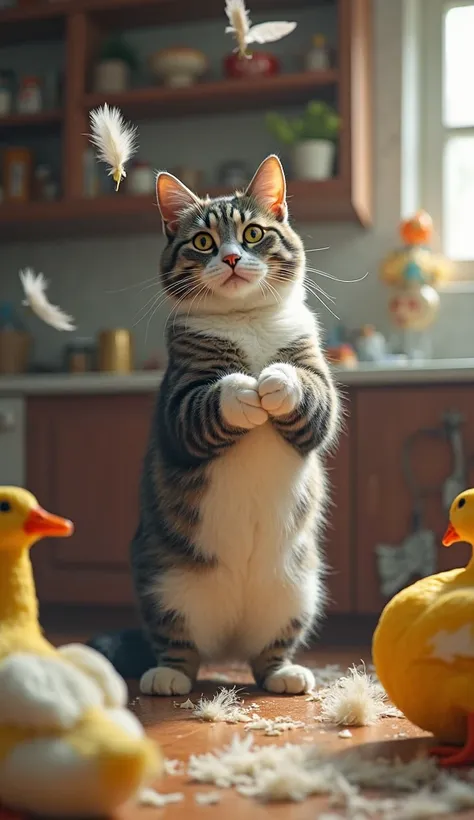 A cluttered kitchen with feathers flying in the air. The grey tabby cat with white patches and sharp yellow eyes stands on two legs, using his front paws like hands. In one paw, he holds a sharp knife; with the other, he plucks the duck’s feathers, tossing...