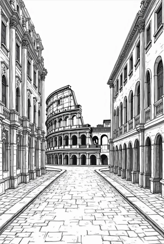 black and white coloring page of rome with tall buildings on the side of the picture and the colosseum at the center