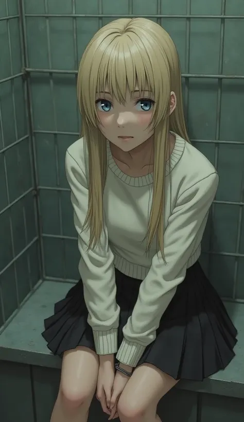 A 15-year-old schoolgirl with a athletic build, short, dressed in a short black skirt and a milk-white sweater, with a square-eyed, blond, long-haired girl, sits on her knees in a small prison cell with handcuffs behind her back.