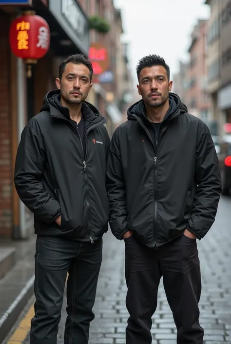 there are two men standing next to each other in the street, a picture by Gina Pellón, reddit, shin hanga, a man wearing a black jacket, taken in the late 2010s, taken in the early 2020s, zoomed out shot, wearing jacket, zoomed out full body, black jacket