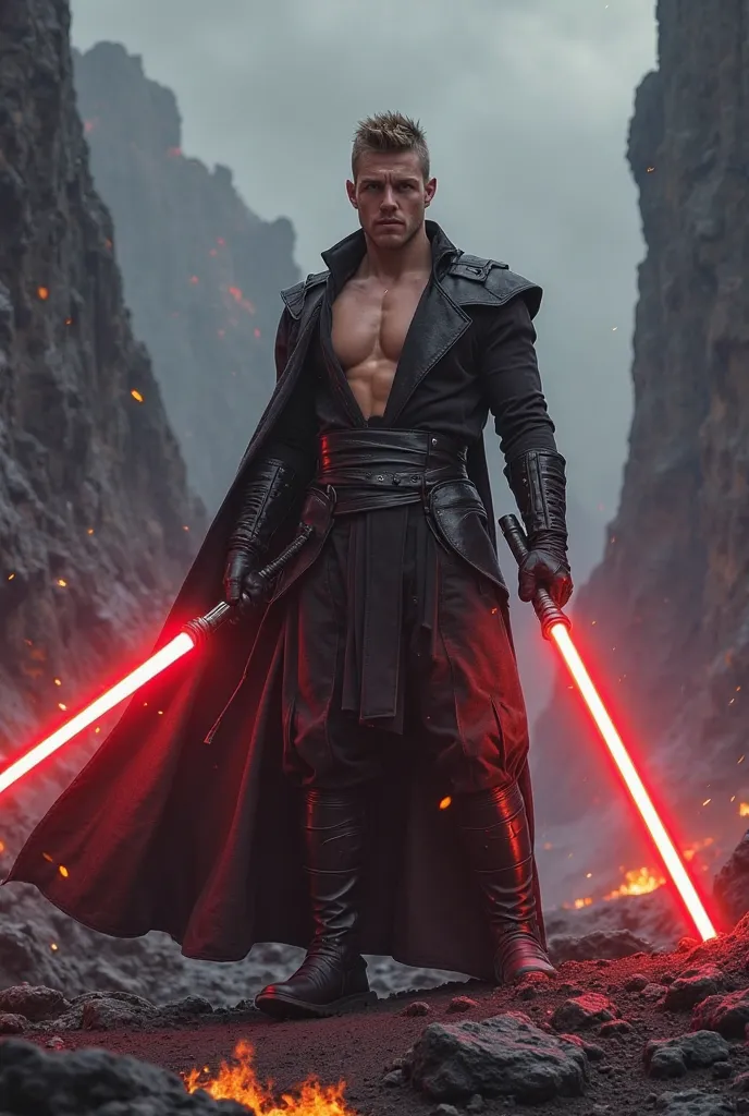 Portrait of a white male, 30 years old, short spiked hair, blue eyes, norweigen features, wearing black Sith pants, no shirt, black boots, black gloves, holding a red lightsaber, standing on a dark volcanic planet, hyper realistic.