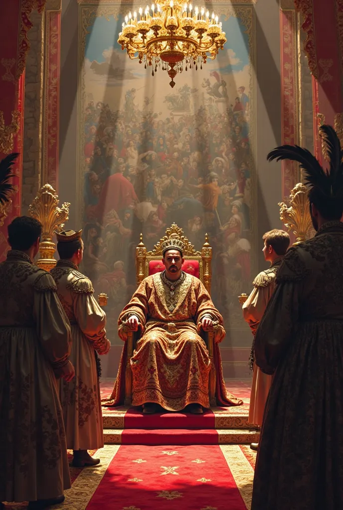 "A hyper-realistic, cinematic illustration capturing the grandeur of the Spanish Holy Empire in the year 1550. The scene features a richly adorned royal hall with golden chandeliers casting warm, dramatic light over the scene. At the center, a regal monarc...