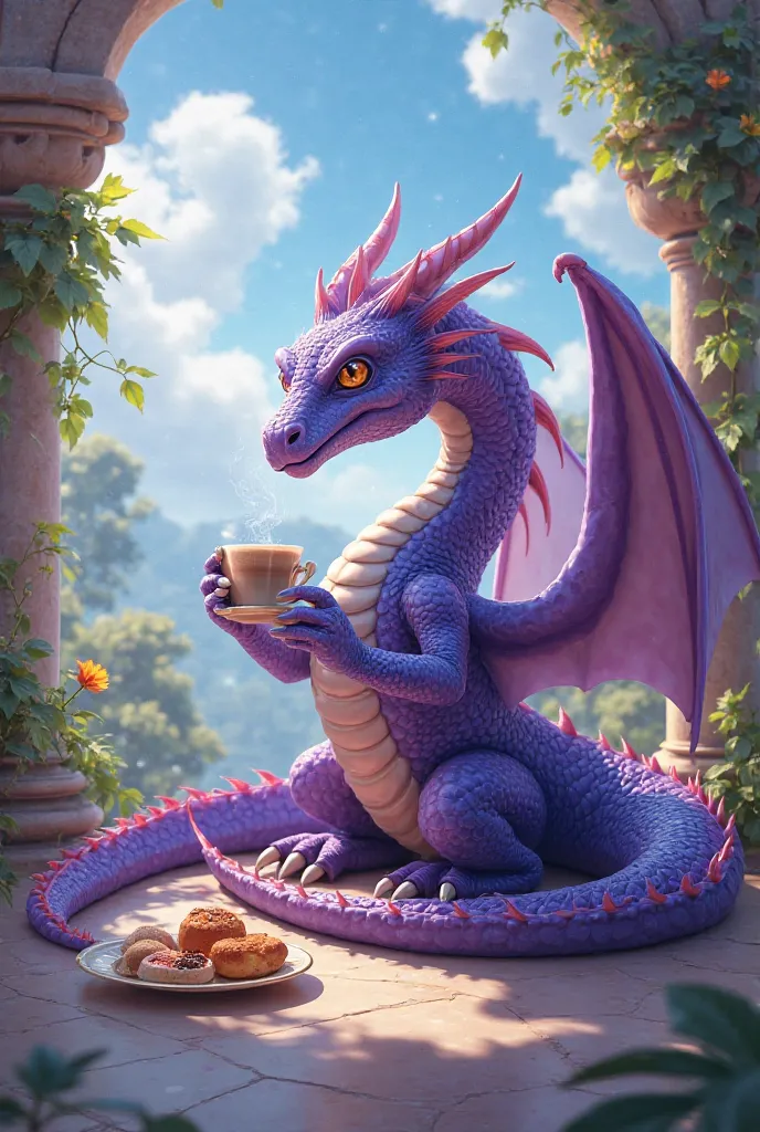 A purple dragon on the terrace eating and drinking coffee