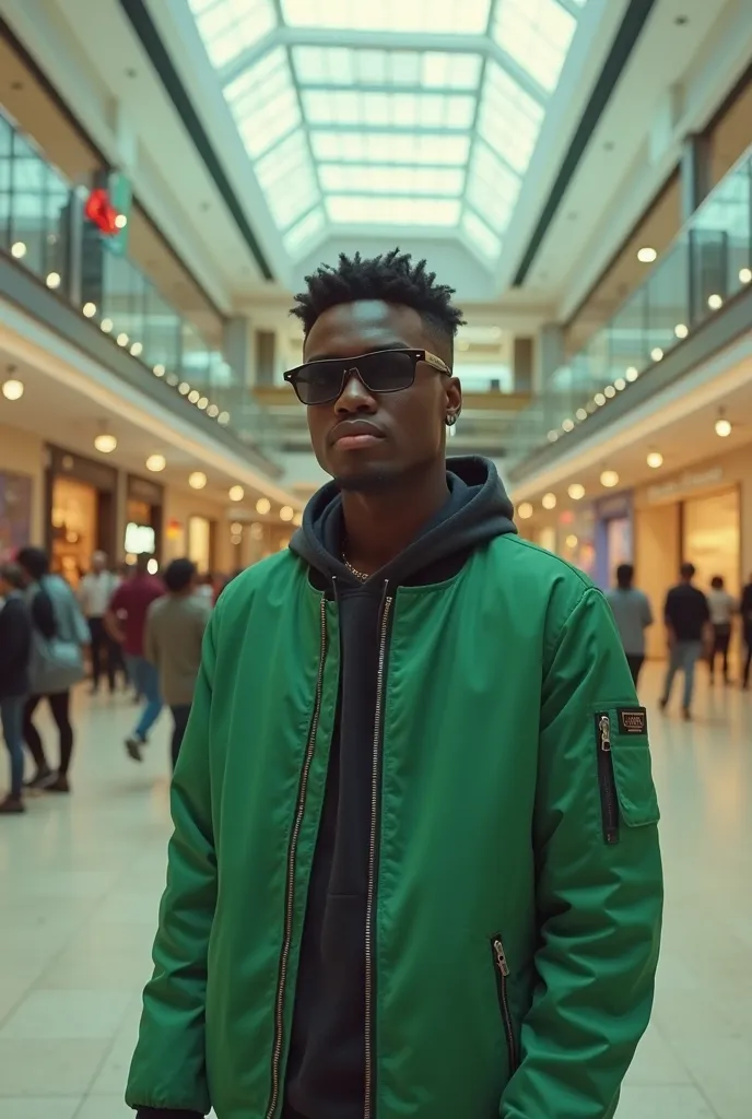 there is a man wearing sunglasses and a green jacket standing in a building, a picture by Chinwe Chukwuogo-Roy, instagram, visual art, hi mark ( akwaaba tommy ), appearing in a shopping mall, taken in the early 2020s, very very low quality picture, high qu...