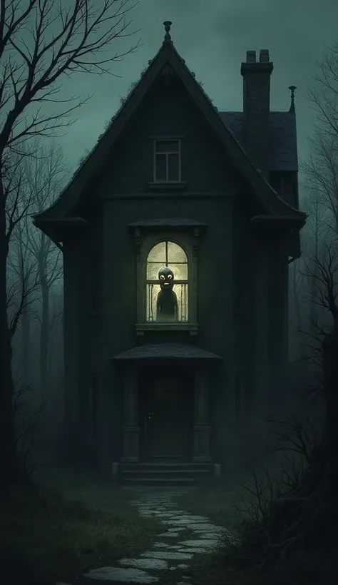  A dark house, In her window a strange being with a dark smile, dark scenario 