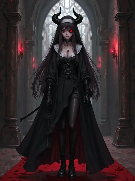 A psycho pretty anime girl on dark black leather clothes
And nun style standing full body in dark scary church and blood around her anime style
Gothic style anime dark aura around her
Breasts, Long Hair, Looking at viewer, sexy nun custom. The girl has hor...