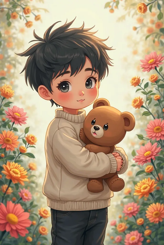 cute boy   , Sharp and soft gray eyes, Dark black hair, Pale skin, Red cheeks , small Dimples on the right, big cream sweater, black baggy jeans , Standing in a flower garden and holding a teddy bear, manhwa