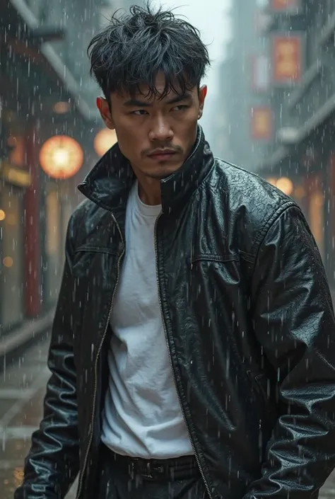 Un hombre con una chaqueta de cuero negro with the front zipper almost open showing the collar of her white t-shirt, with Asian features in a kung fu combat position in an urban environment, in a torrential rain drenching him. I repeat "with the front zipp...