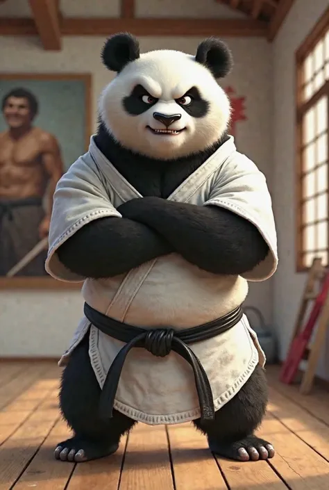  Create a Pixar-style image, Of a realistic panda bear with shadows and features, strong, With an angry and angry face,  with crossed arms , dressed in white kimono, pants with a black band tied around her waist, In a dojo, white walls and with a painting ...