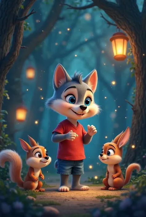 Prompt: Raja, the adorable baby wolf with big blue eyes, stands in a mystical forest at night, wearing a red t-shirt and blue shorts. He smiles warmly as he speaks, his hands moving expressively while saying ‘Ramadan Mubarak’ in a sweet and cheerful voice....