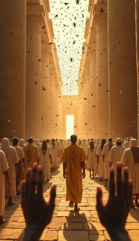 A dramatic and cinematic scene set in ancient Egypt. The perspective is first-person, with two dark-skinned hands extended forward, as if in admiration or despair. A large temple corridor with columns Imposing sandstone towers stretch out in front,  bathed...