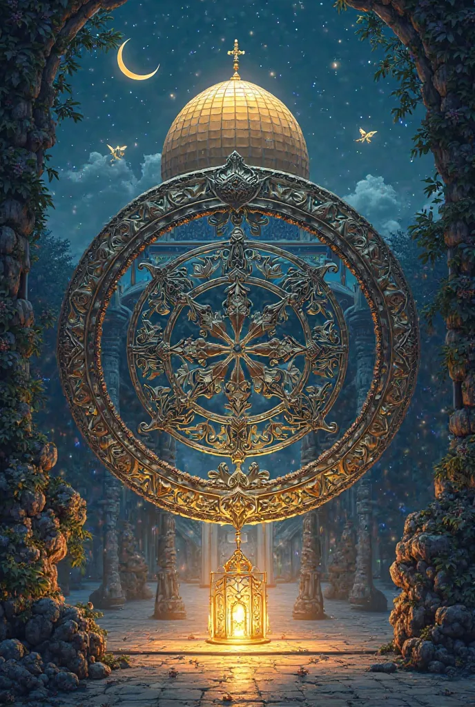 An ornate circle with a lantern, a moon, and the Dome of the Rock with Abrar written on it