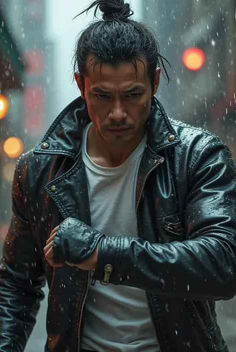 Un hombre con una chaqueta de cuero negro with the front zipper almost open showing the collar of her white t-shirt, with Asian features in a kung fu combat position in an urban environment, in a torrential rain drenching him. I repeat "with the front zipp...