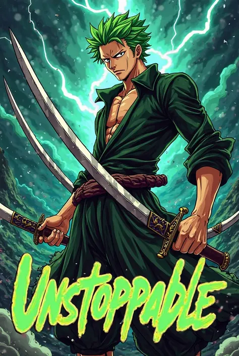 To create a trendy illustration of Zoro with cool text using AI image generation, you can use the following detailed prompt:

**Prompt:**

"Create a trendy, dynamic anime-style illustration of a powerful swordsman, with spiky green hair, wearing a black an...