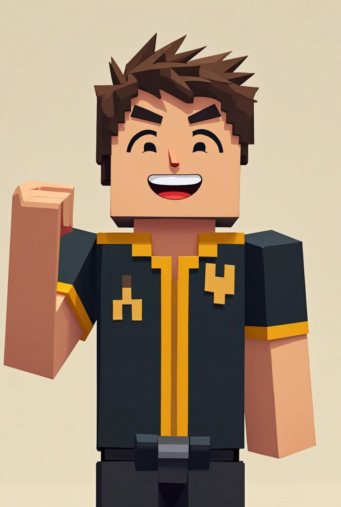 A white-skinned person wears a black and gold shirt and says excellent in the form of Minecraft