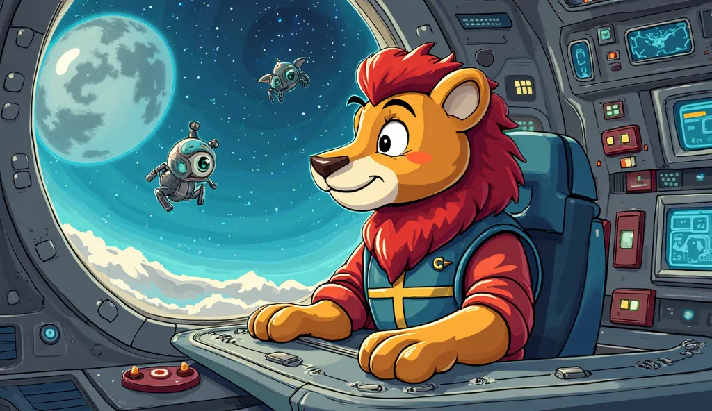 A space-themed cartoon. First dialogue: Captain Astro (Lion): Doesn't the engine sound a bit weird?
