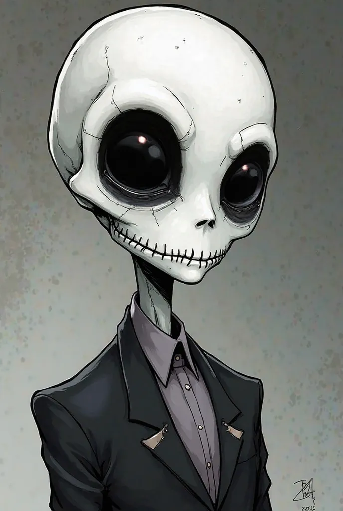 Generate a slender character with a cute but dark eyed face, he is white and all in the American comic style, If you avoid an outfit with a thin. I want you to literally put him as a skull on the left side and him as a human on the right side and I want yo...