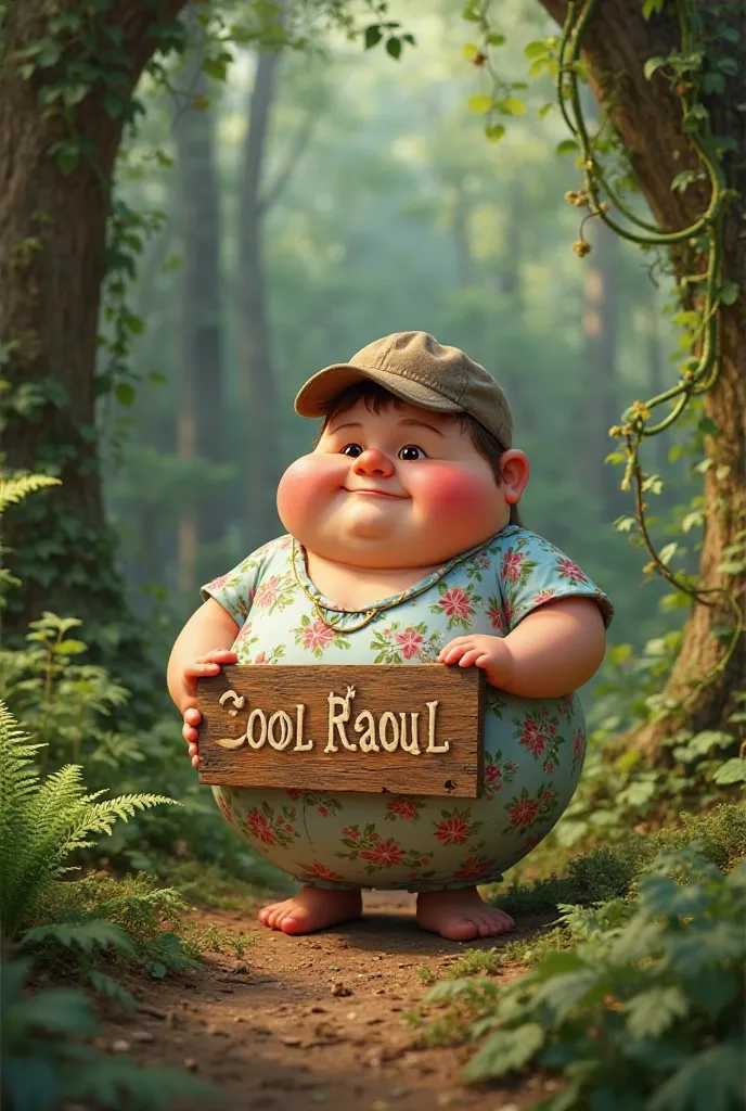 A plump  , Cap   ,short , chemise a fleurs ,With a sign written *Cool Raoul *  funny Pixar humor full body ,decor une forêt , ferns ivy moss 