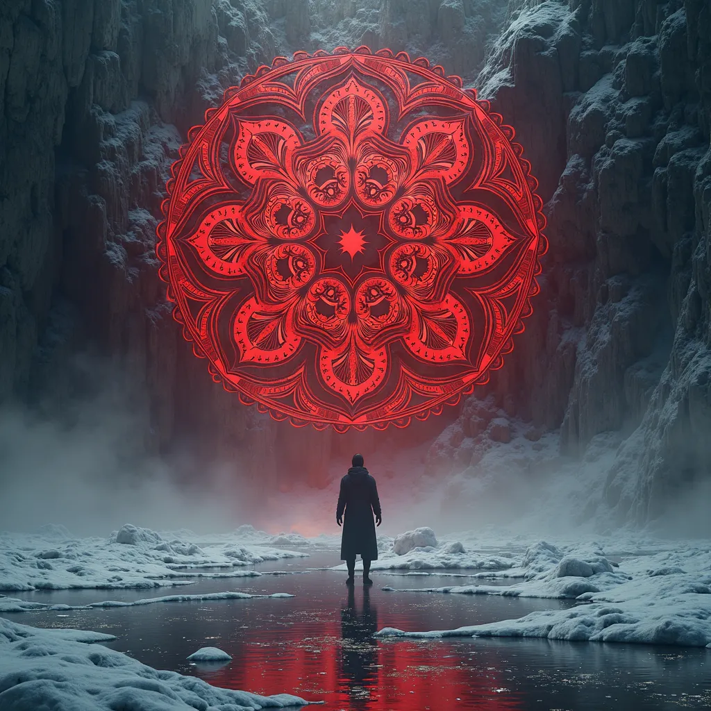 A mandala made of blood stands in the snow, 8k, hyperrealism, hyperdetailed, UHD, award winning, accurate, masterpiece, high resolution, detailed background, cinematic light, The ratio of shadow and light is harmonious, There is a reflection of the mandala...