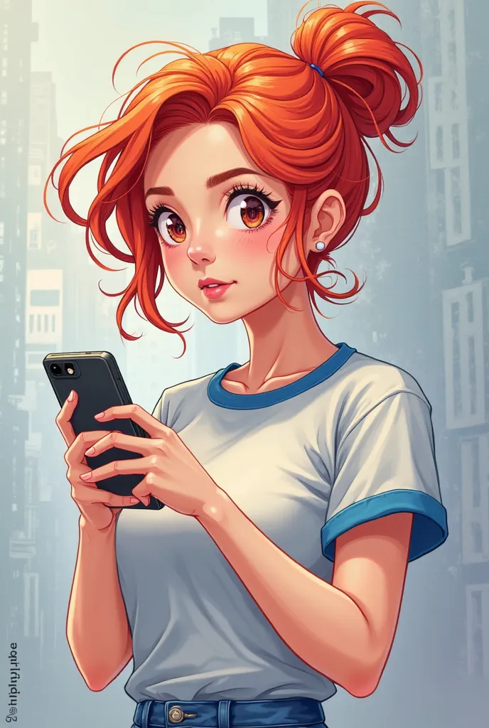 a cartoonized avatar of a woman with red hair holding a cell phone and wearing a light gray t-shirt with a blue collar 