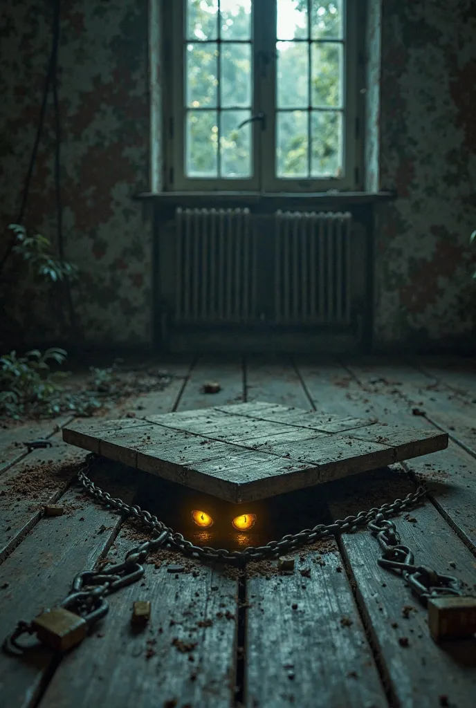 The living room in a dilapidated abandoned house、The square floor cover went underground and was tightly closed with rusted chains and padlocks、The wooden lid was lifted by something from below, and eyes glowing yellow were looking at me through a slight g...