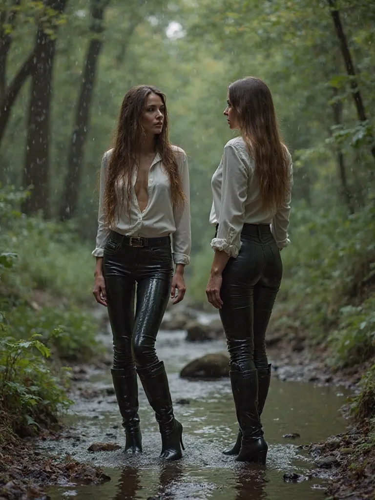 2 businesswomen stand and kneel on the edge of the forest in the wet ground by the stream,   open blouse,  sexy blick, Tight wet clothes, Open your dirty and wet clothes with your hands and the wet leather pants, wet blouse, high-heeled wet over the knee b...