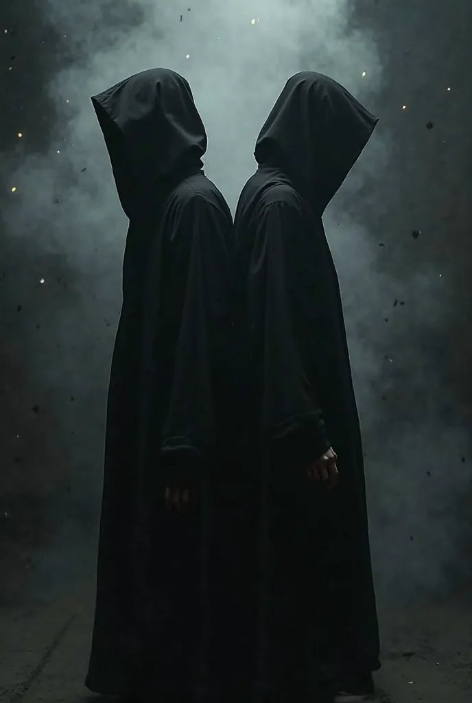 Create an image"Create a dark-themed song poster featuring two figures, with one dressed in sorcerer-like black robes and the other wearing modern UK street drip black clothing. Both individuals should be standing back-to-back in a mysterious, dramatic pos...