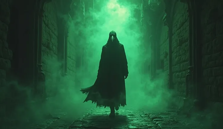 Silhouette of a plague doctor walking down a corridor full of green toxins