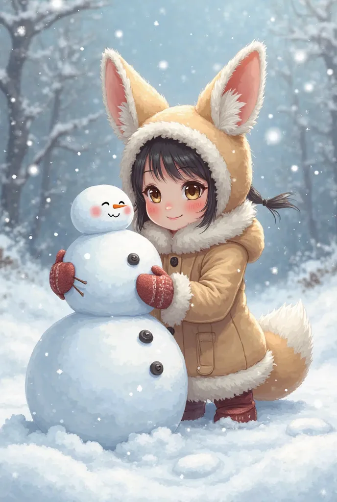 A girl with fennec ears in a fur coat and mittens sculpts a snowman anime style