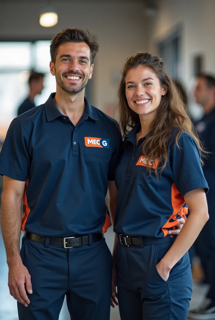 male and female employees wearing dark blue uniforms and IPI with the company name MEC G highlighted, Mec in blue and G in orange, posture, shaped body, smile, happy to work at the company Mec G, highlighting other collaborators working in the background.