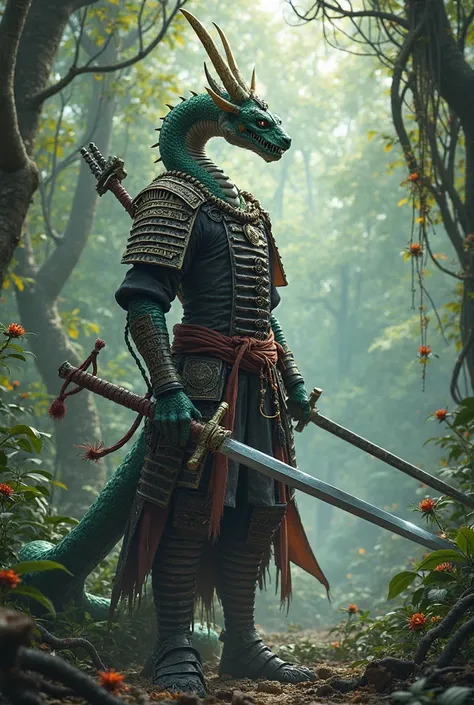 A humanoid snake dressed as a samurai with a sword in a yolita in the middle of the jungle, quite a mystical warrior