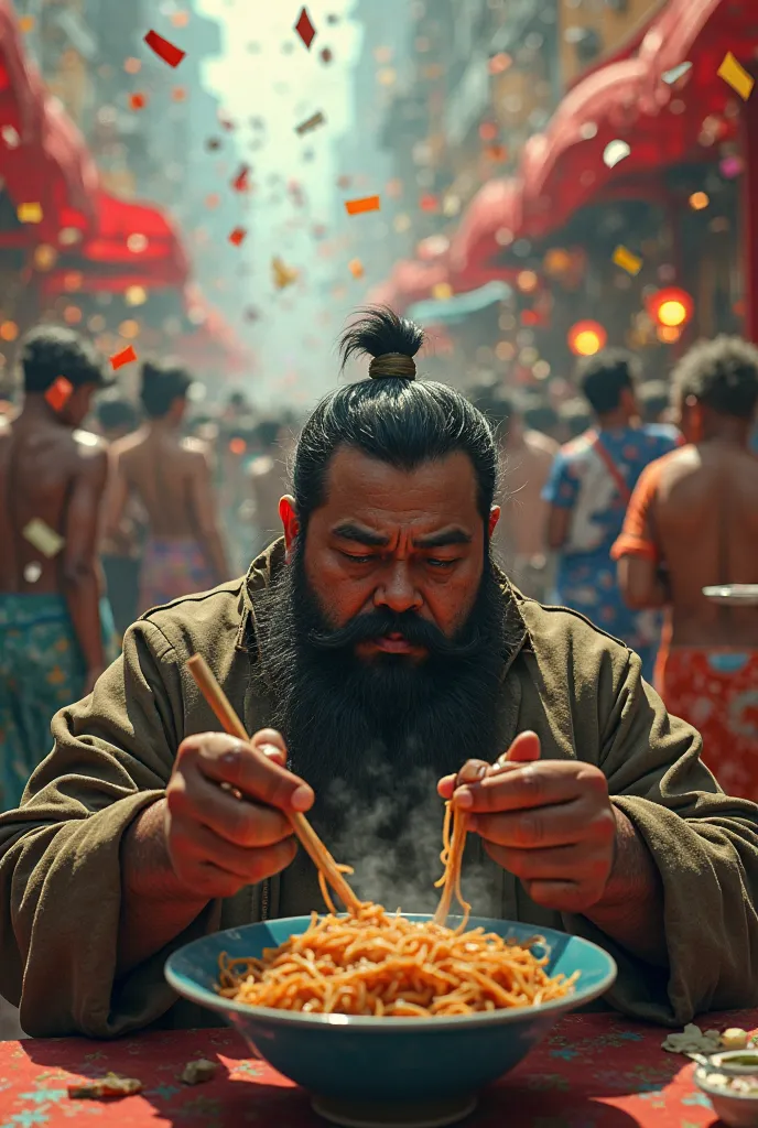 Picture of a sad chubby guy with slanted eyes and a beard eating noodles in the middle of a carnival dance
