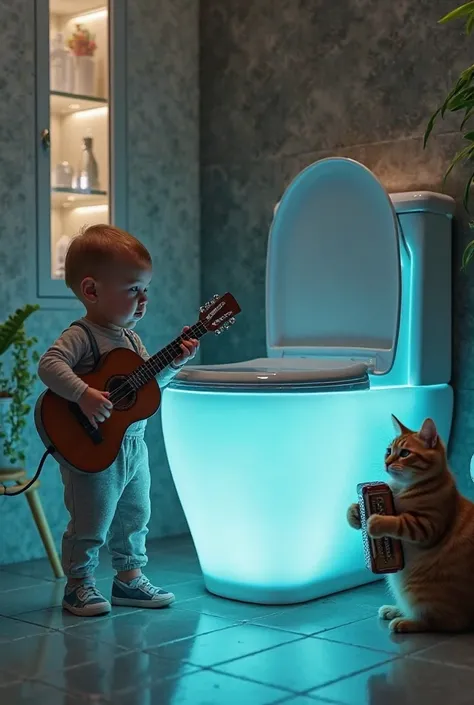 Here’s a detailed prompt in English:

“A hyper-realistic scene featuring an illuminated aquarium toilet in a modern bathroom. A baby stands next to it, playing a small guitar with a focused expression. Nearby, a cat stands on its hind legs, skillfully play...