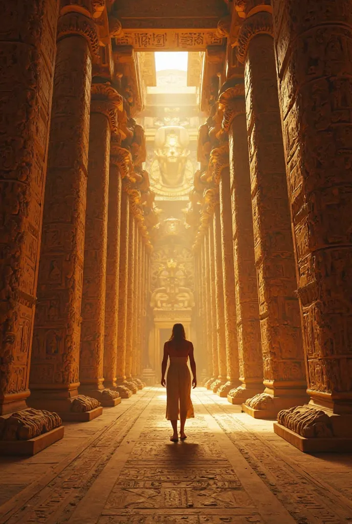 First-person view from Horus’s perspective, entering the grand chamber filled with ancient treasures and artifacts. The camera shows intricate details of statues, gold, and hieroglyphics. The sound of awe and excitement from the team