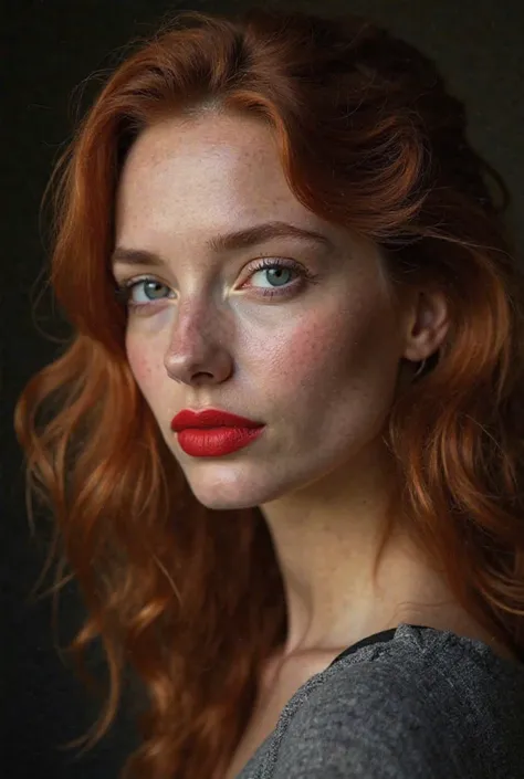 A high-quality photo of a pretty fashion model with a close-up shot of her face. She has a relaxed expression. She has wavy auburn hair, with blue eyes and bright red lips. The model is looking directly at the camera. The background is blurred and has a da...