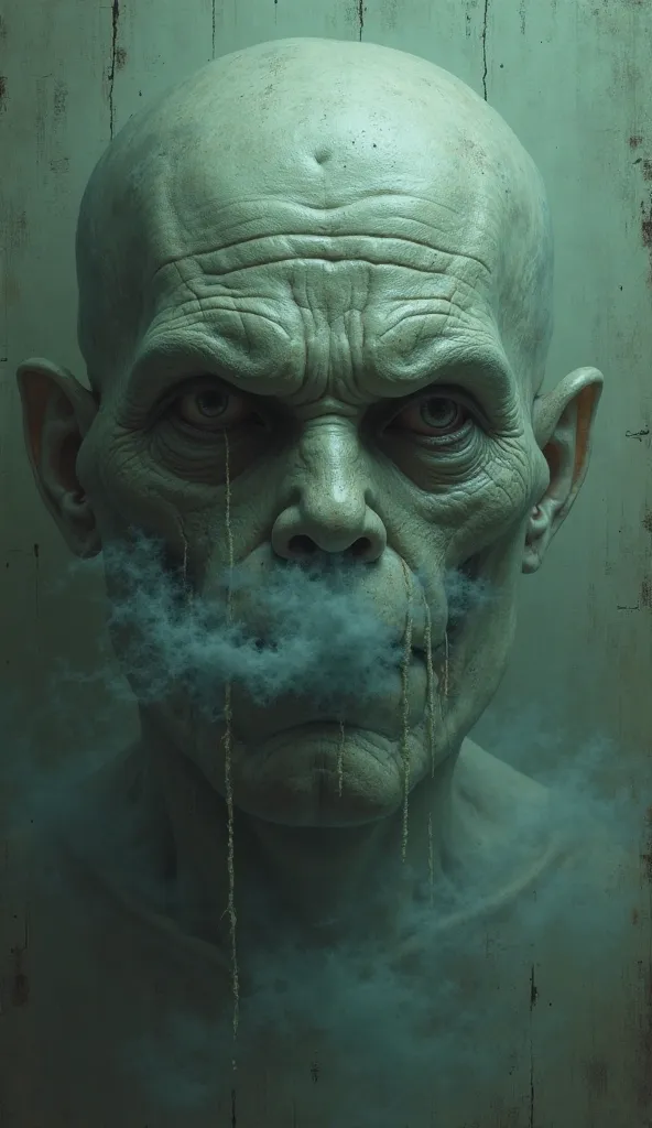 The image follows a dark realism style, with hyperrealistic details that highlight the texture of the creature's pale skin, The threads of fog and the cracks in the mansion. Colors are predominantly cool (tons of green, blue and gray), with striking contra...