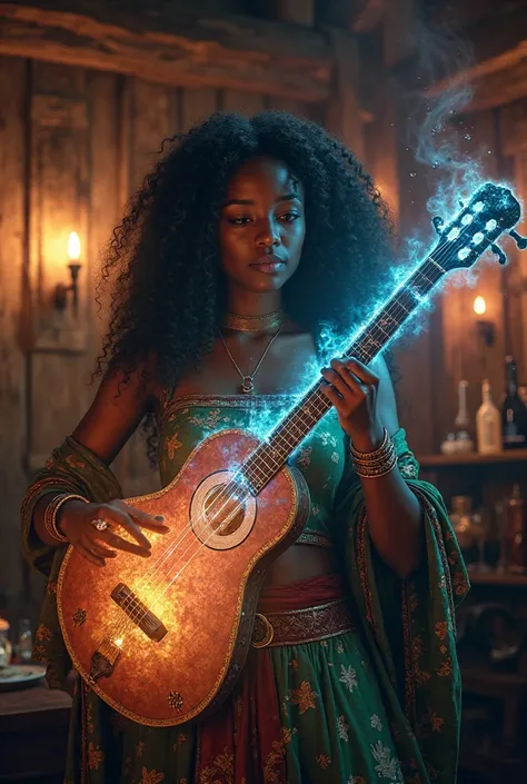 beautiful black woman, playing magical lute in tavern, lute is glowing with magic, bard outfit, long curly hair