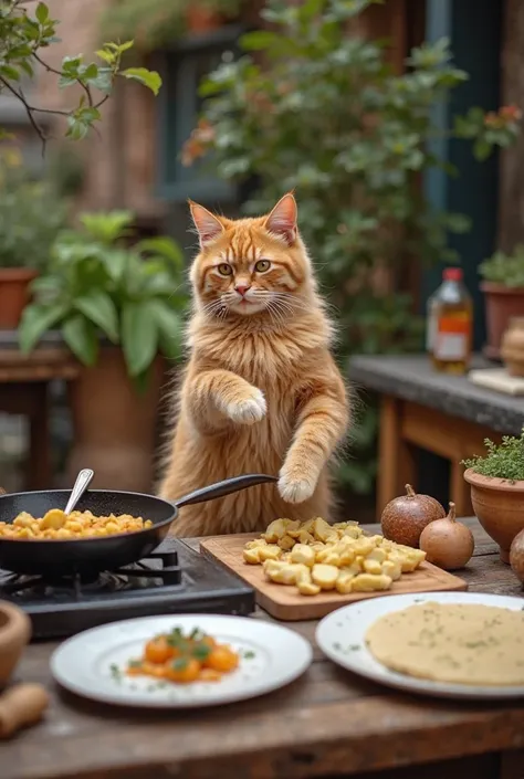 A fluffy orange tabby cat, standing on its hind legs in a cozy outdoor kitchen, is preparing a meal like a professional chef. The cat first slices potatoes carefully on a wooden cutting board with a small knife. Then, it moves to a stove where it fries the...