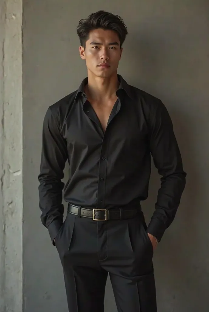 Create an ultra-realistic image of a handsome young man, Who wears a black shirt and elegant dress pants posing for a photography section