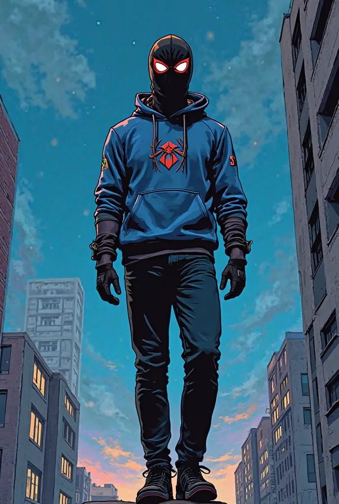 Dans un style comics book comme Jim Lee. Un jeune homme de 18 ans, d'origine algérienne, mesurant 1m85, avec une silhouette élancée et sportive. Il porte un sweat à capuche bleu nuit ajusté, une tunique moderne inspirée du qamis avec des bandes dynamiques,...