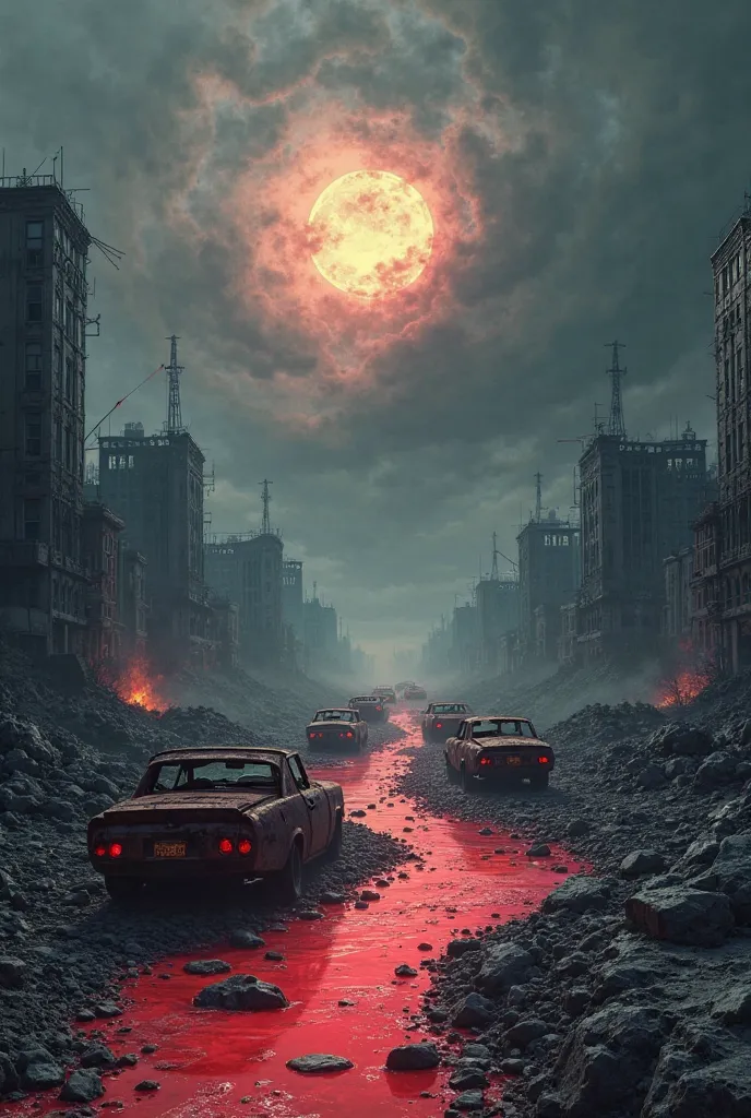 A gray street in a ruined city, there are cars set on fire and the sky darkened by a storm that swirls around an eclipse of the sun, there is a river of bright reddish water that crosses the street, the scene is inspired by dark art.