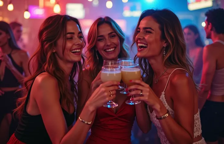 real photo. three European-looking girls in short tight dresses in a nightclub are drinking toast and laughing 