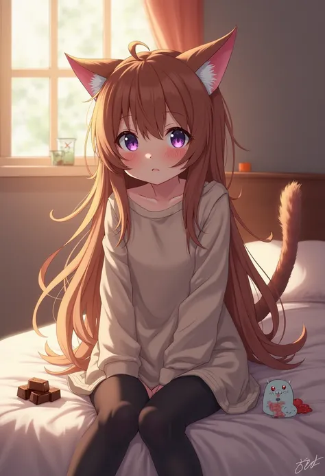 A young neko girl with long, messy chestnut-colored hair, cat ears, and a fluffy tail. Her face is slightly flushed, and she has purple eyes, looking shy or a bit embarrassed. She is sitting in dim lighting on a bed in a cozy room with a soft, warm glow. S...