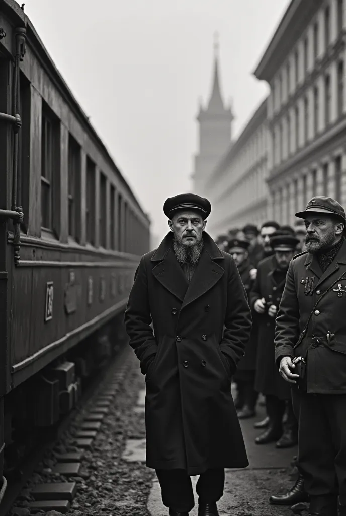 An old train arriving in Petrograd Lenny, a bald man with a beard and a cap, steps down from the train while a crowd of Bolsheviks greet him with their fists raised in the background, a group of politicians from the provisional government is concerned in a...