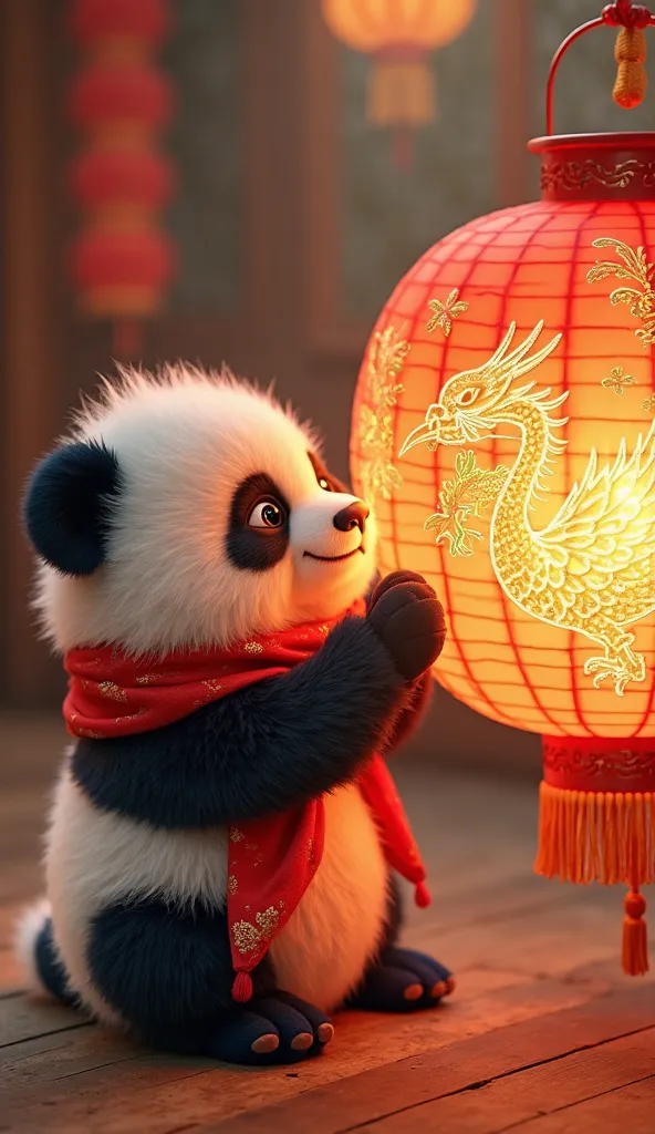 Bao, a fluffy baby panda with thick black-and-white fur, round sparkling eyes, and tiny chubby paws, wearing a warm red scarf embroidered with golden thread and tiny blue mittens, carefully wraps his red scarf around the dimming large glowing festival lant...