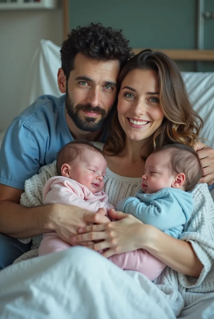 white-eyed blue-eyed man with short black hair and a sparse black beard with a mysterious appearance and an athletic posture wearing hospital clothes embracing white woman with long brown hair slightly wavy and expressive green eyes with bold and athletic ...