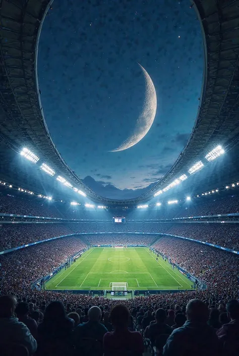 An image of a soccer stadium with a crescent above