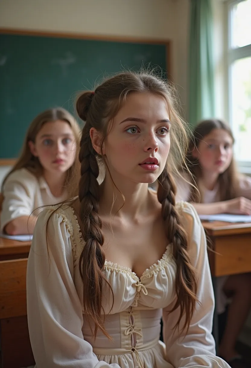  real photo, 4 incredibly breasted young Slovak girls with cute innocent and scared faces,  thin bodies ,  and big breasts,  heavy and plump  , in a classroom, beautiful, TUCKED IN SKIRTS, Pouch expressions ,  light brunettes ,   very long hair in slippery...